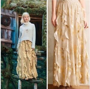 Anthropologie Moulinette Soeurs Fallen Star Gold Ruffle Maxi Skirt Size 2 Boho